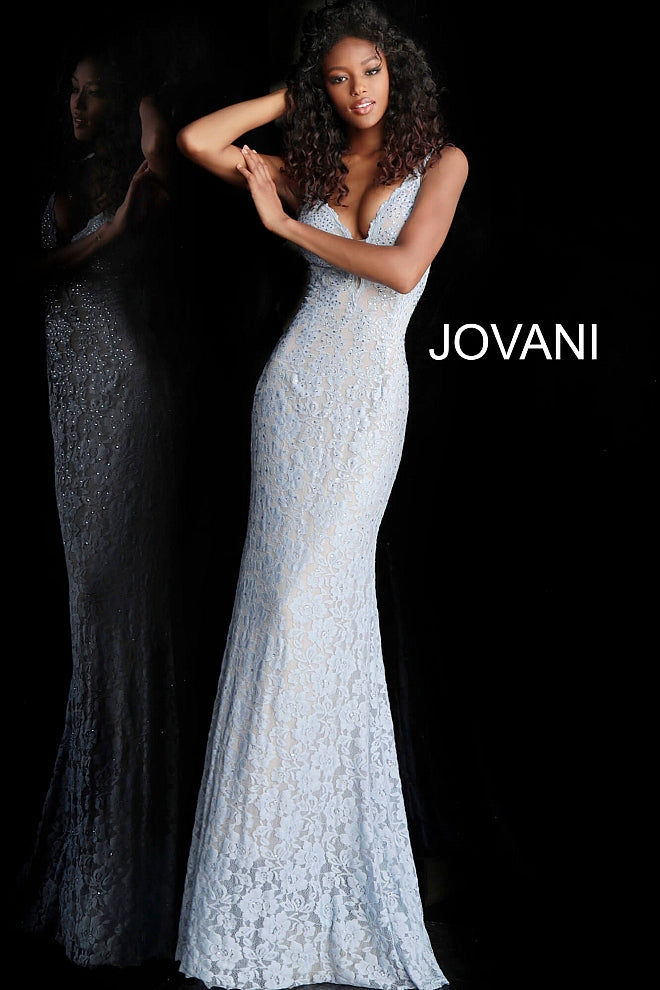 Jovani 48994 Stretch lace prom dress embellished with heat set stones, nude underlay, fitted silhouette, straps over shoulders, plunging v neck with sheer mesh, sheer mesh inserts along the sides, sweeping train, low v back. Makes an excellent pageant evening gown.   Available colors:  black, bright pink, emerald, fuchsia, grey, light-blue, light-pink, lilac, navy, peach, periwinkle, red, white