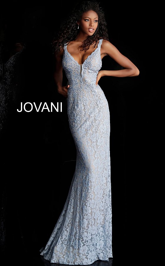 Jovani 48994 Stretch lace prom dress embellished with heat set stones, nude underlay, fitted silhouette, straps over shoulders, plunging v neck with sheer mesh, sheer mesh inserts along the sides, sweeping train, low v back. Makes an excellent pageant evening gown.   Available colors:  black, bright pink, emerald, fuchsia, grey, light-blue, light-pink, lilac, navy, peach, periwinkle, red, white
