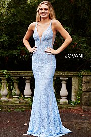 Jovani 48994 Prom Dress stretch lace embellished with heat set stones, fitted silhouette, evening gown, straps over shoulders, plunging v neckline with sheer mesh, and sheer mesh inserts along the sides, sweeping train low v back pageant gown. 