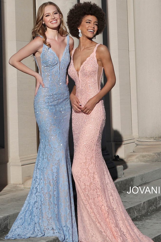 Jovani 48994 Prom Dress stretch lace embellished with heat set stones, fitted silhouette, evening gown, straps over shoulders, plunging v neckline with sheer mesh, and sheer mesh inserts along the sides, sweeping train low v back pageant gown. 