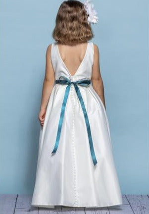 Rosebud Fashions Style 5139 is a sleeveless full length dress with a scoop neckline and a box pleated skirt. The waist is accented with a 29/39 bling ribbon that ties in the back. Satin buttons cover the zipper. Satin Flower Girl Dress, First Communion.