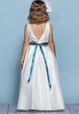 Rosebuds 5139 Size 4 Ivory Long Pleated Satin Flower Girl Dress Bling Belt First Communion