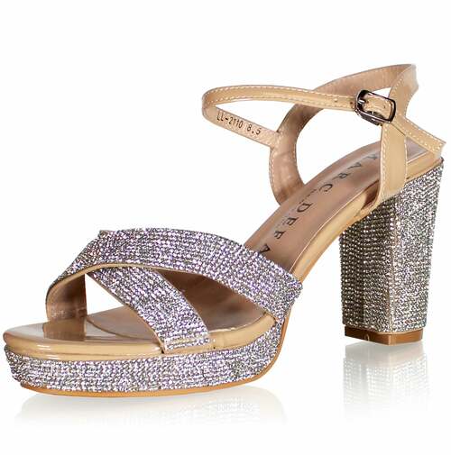 Marc Defang 4" Platform Prom & Pageant Heel Formal Shoes DESCRIPTION 4" Block heels, 1" Platforms Stoned trim over the straps and heels, perfect amount of sparkles Perfect pre-teen and Teen heels!  Ankle strap, cross front straps Quick hook-on buckle for easy changing Light weight, performs amazingly well on stage and runway. Medium Width, run true to size. 5.5, 6, 6.5, 7, 7.5, 8, 8.5, 9, 9.5, 10, 11
