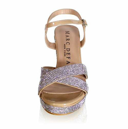 Marc Defang 4" Platform Prom & Pageant Heel Formal Shoes DESCRIPTION 4" Block heels, 1" Platforms Stoned trim over the straps and heels, perfect amount of sparkles Perfect pre-teen and Teen heels!  Ankle strap, cross front straps Quick hook-on buckle for easy changing Light weight, performs amazingly well on stage and runway. Medium Width, run true to size. 5.5, 6, 6.5, 7, 7.5, 8, 8.5, 9, 9.5, 10, 11