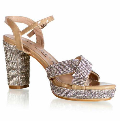 Marc Defang 4" Platform Prom & Pageant Heel Formal Shoes DESCRIPTION 4" Block heels, 1" Platforms Stoned trim over the straps and heels, perfect amount of sparkles Perfect pre-teen and Teen heels!  Ankle strap, cross front straps Quick hook-on buckle for easy changing Light weight, performs amazingly well on stage and runway. Medium Width, run true to size. 5.5, 6, 6.5, 7, 7.5, 8, 8.5, 9, 9.5, 10, 11