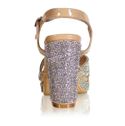 Marc Defang 4" Platform Prom & Pageant Heel Formal Shoes DESCRIPTION 4" Block heels, 1" Platforms Stoned trim over the straps and heels, perfect amount of sparkles Perfect pre-teen and Teen heels!  Ankle strap, cross front straps Quick hook-on buckle for easy changing Light weight, performs amazingly well on stage and runway. Medium Width, run true to size. 5.5, 6, 6.5, 7, 7.5, 8, 8.5, 9, 9.5, 10, 11