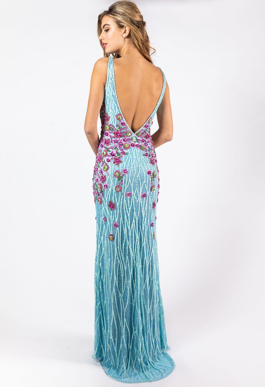 Primavera Couture 3238 Prom Dress Pageant Gown his fully beaded gown features thick straps, a side slit, an open back, and stunning floral beading at the waist than spreads toward the bottom.  Floral multi embellished prom dress.    Size 14 - Powder Blue