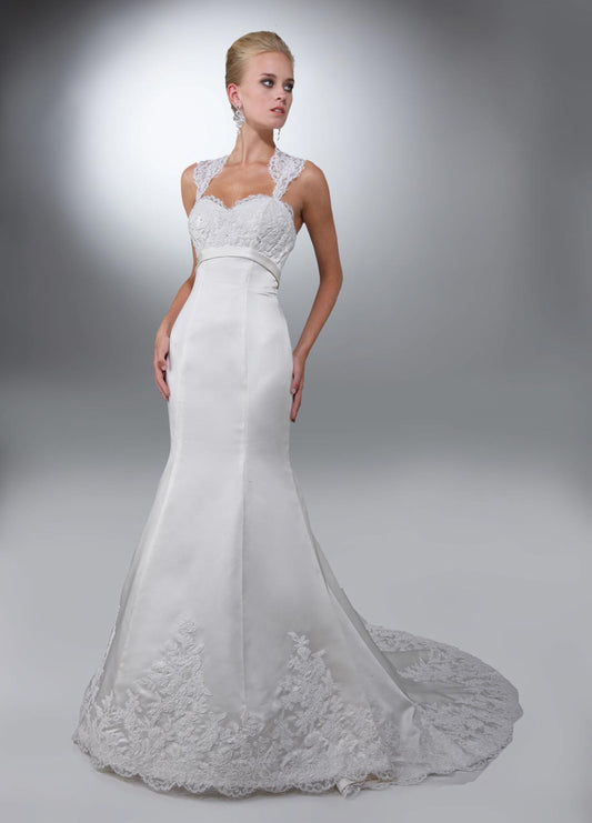 Davinci Wedding Dress 50083 size 4 White satin fit and flare long dress lace bodice and straps