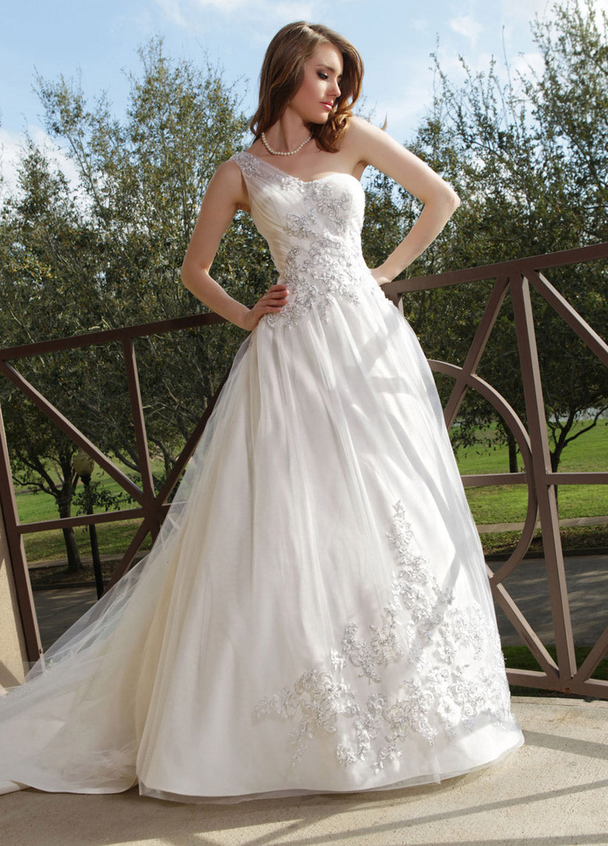 Davinci Bridal 50153 Size 12 A Line Tulle Ballgown Wedding Dress Lace One Shoulder Train
