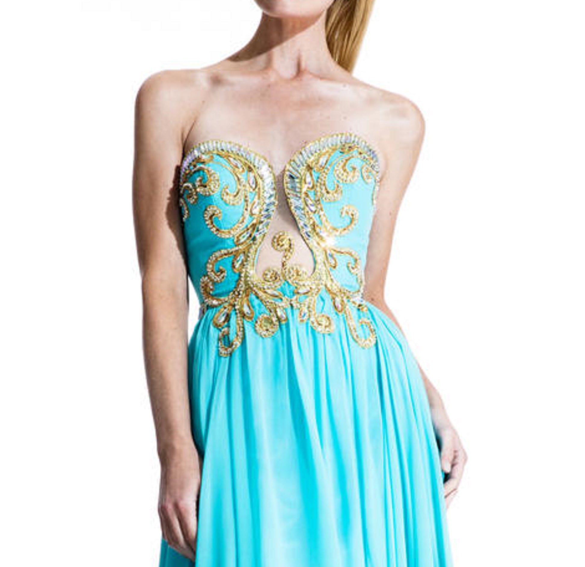 Johnathan Kayne 502 pageant dress For the romantic at heart, this classic chiffon silhouette outshines with a bodice fit for a princess. Clear glass crystals and gold embroidery scroll around this alluring bodice that scoops down into a tear drop mesh cutout.  Evening gown Prom Dress
