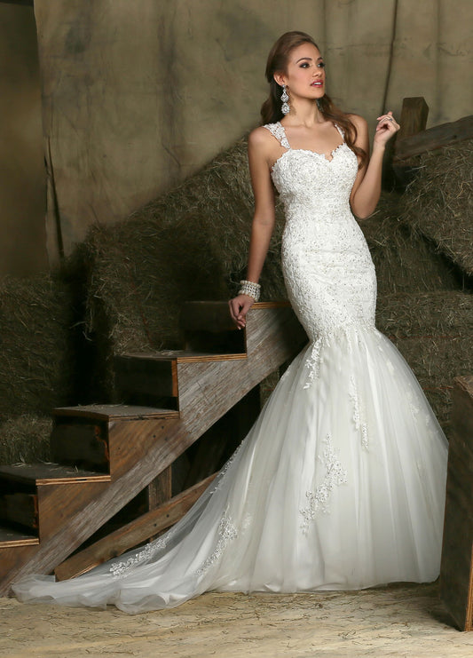 Davinci Bridal 50330 Lace & Tulle Mermaid Wedding Dress features a Fitted Beaded Lace Bodice with Sweetheart Neckline & Tapered Beaded Lace Straps. Low Scoop Back is Sheer Tulle with Lace Applique & Covered Buttons. Gathered Tulle Mermaid Skirt with Lace Applique Flares from the Knee into a Chapel Train. Trumpet skirt with train. Wedding dress - Bridal Gown - Immediate Delivery on In Stock Gowns! Fabric: Lace, Tulle, Neckline: Straps, Sweetheart, Silhouette: Fit And Flare, Mermaid, Sheath, Details: Beading,