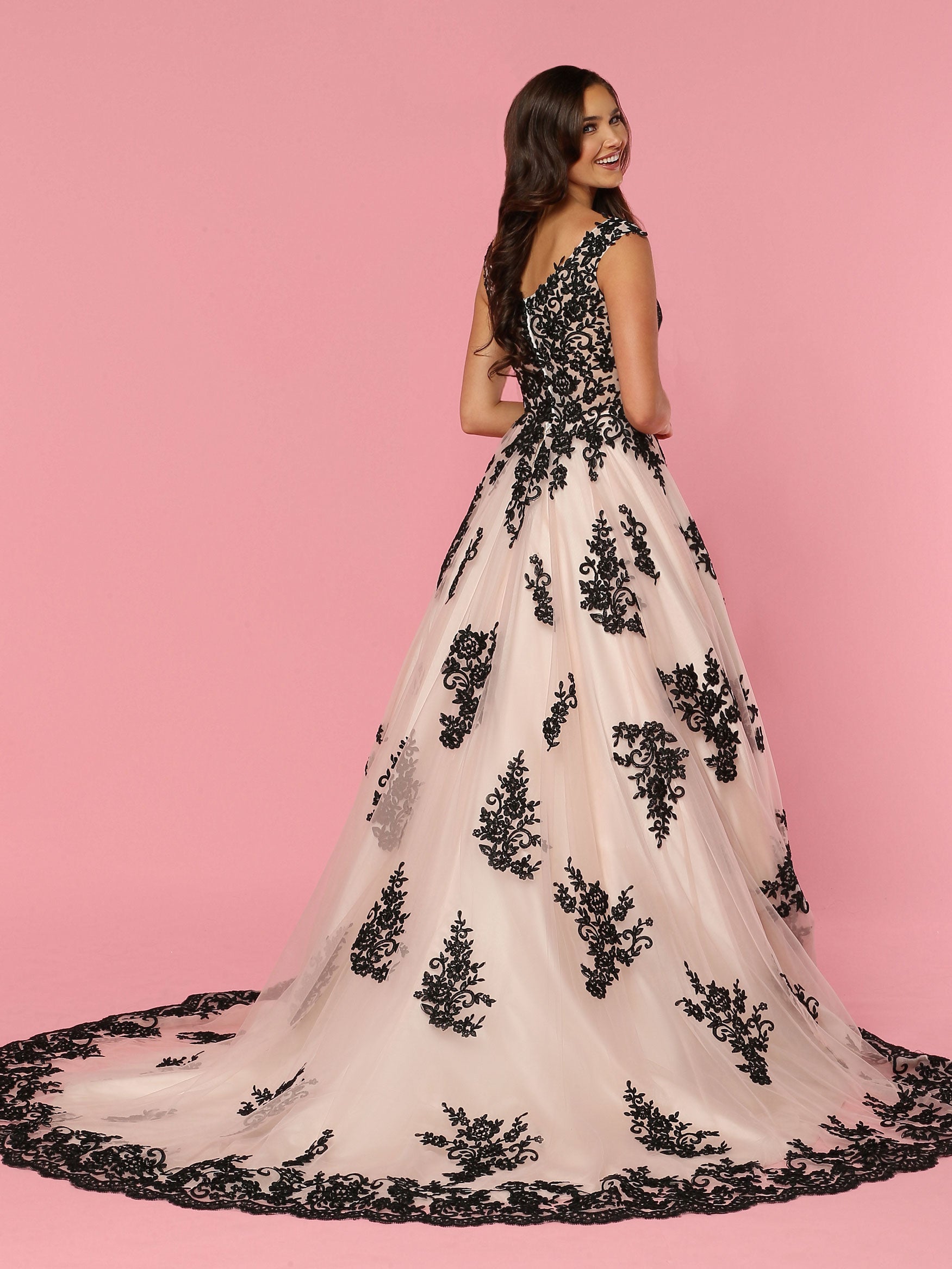 Davinci Bridal 50438 Long Lace A Line Ballgown Wedding Dress V Neck Black Bridal Gown 12 / Black/Black