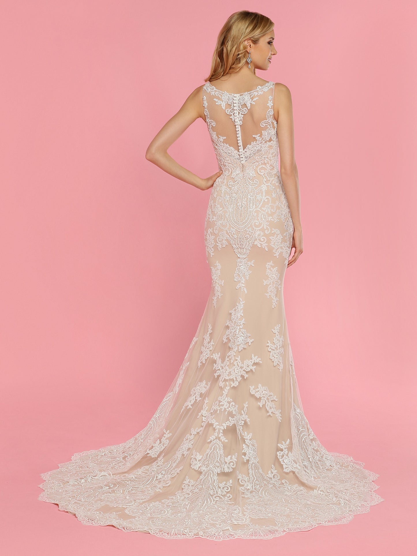 Davinci Bridal 50439 is a stunning Tulle & Lace Fit & Flare Wedding Dress features a Sheer Bateau Neckline & Sheer Back with Faux V-Neck Bodice,V-Pattern Back Detail & Covered Buttons. Skirt with Medallion Lace ends in Chapel Train.  Available for 1-2 Week Delivery!!!  Available Sizes: 2,4,6,8,10,12,14,16,18,20  Available Colors: Ivory/Nude, Ivory/Ivory