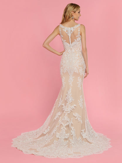 Davinci Bridal 50439 is a stunning Tulle & Lace Fit & Flare Wedding Dress features a Sheer Bateau Neckline & Sheer Back with Faux V-Neck Bodice,V-Pattern Back Detail & Covered Buttons. Skirt with Medallion Lace ends in Chapel Train.  Available for 1-2 Week Delivery!!!  Available Sizes: 2,4,6,8,10,12,14,16,18,20  Available Colors: Ivory/Nude, Ivory/Ivory