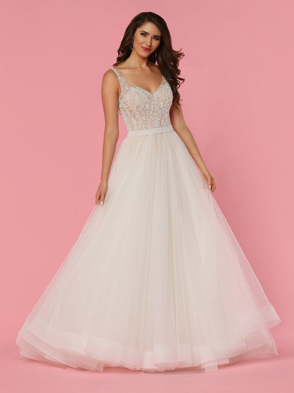 Davinci Bridal 50440 Long Tulle Ballgown Beaded Sheer Bodice Wedding Dress 28 / White/White