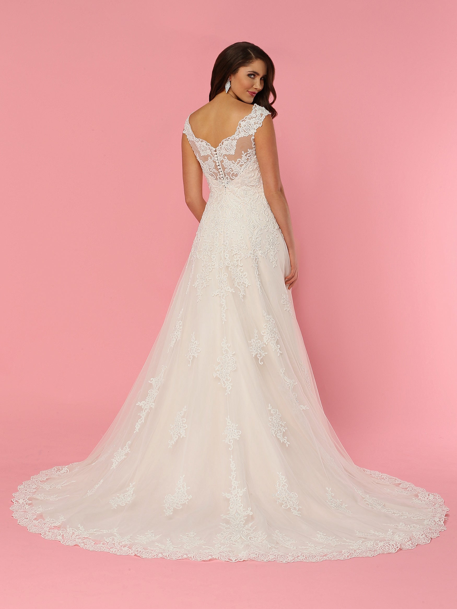 Davinci Bridal 50444 Long Sheer A Line Lace Wedding Dress Ballgown 12 / Ivory/Baby Pink Davinci Bridal 50444 Long Sheer A Line Lace Wedding Dress Ballgown 12 / Ivory/Baby Pink
