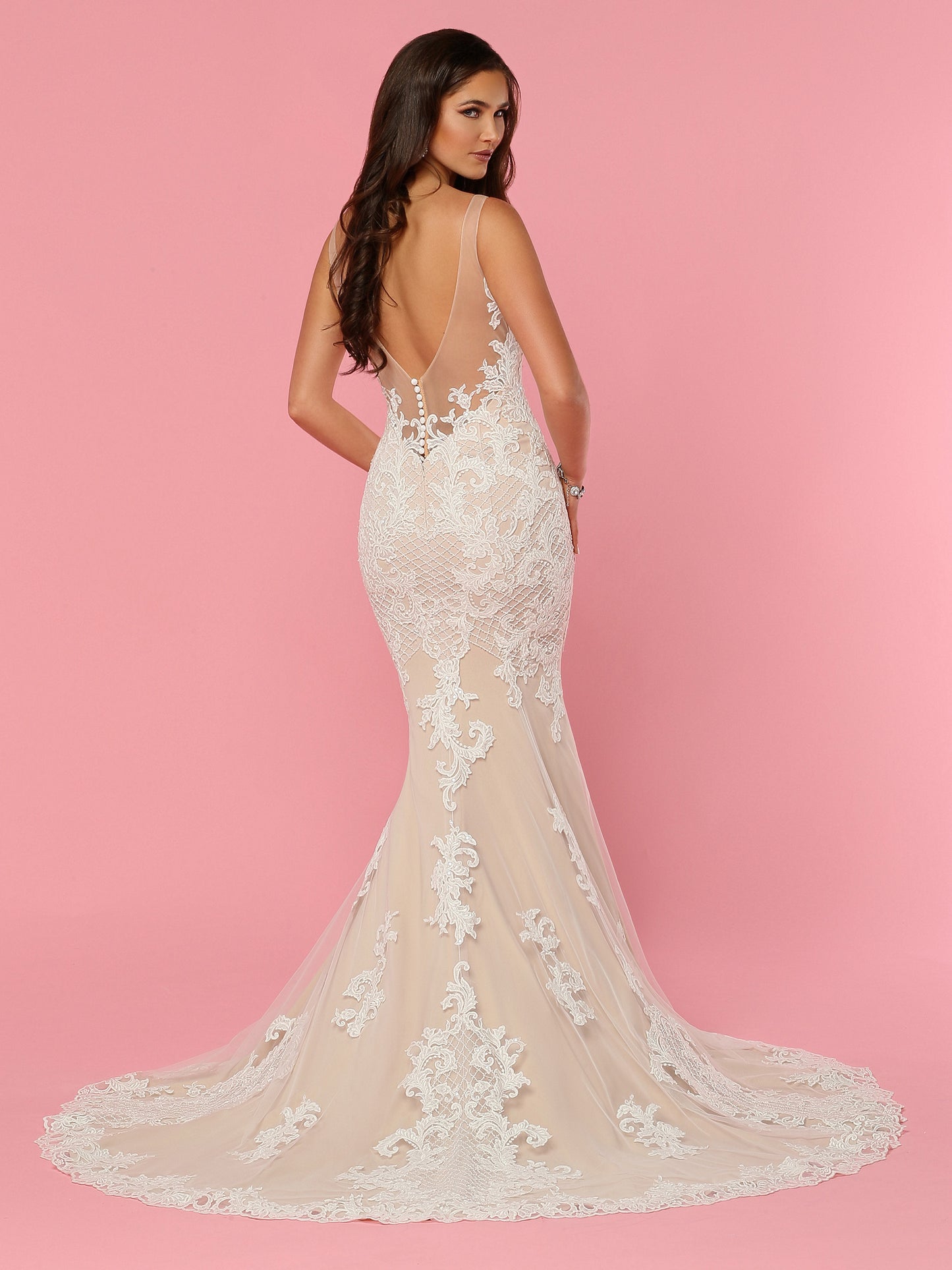 Davinci Bridal 50445 is a Long Fitted Embroidered Lace Mermaid Wedding Dress. Embellished with Sheer Plunging neckline and sheer Lace open back. Lace Accents cascading into the trumpet skirt. Lush Lace edge along the hem and train.  Available for 1-2 Week Delivery!!!  Available Sizes: 2,4,6,8,10,12,14,16,18,20  Available Colors: Ivory/Nude, Ivory/Ivory
