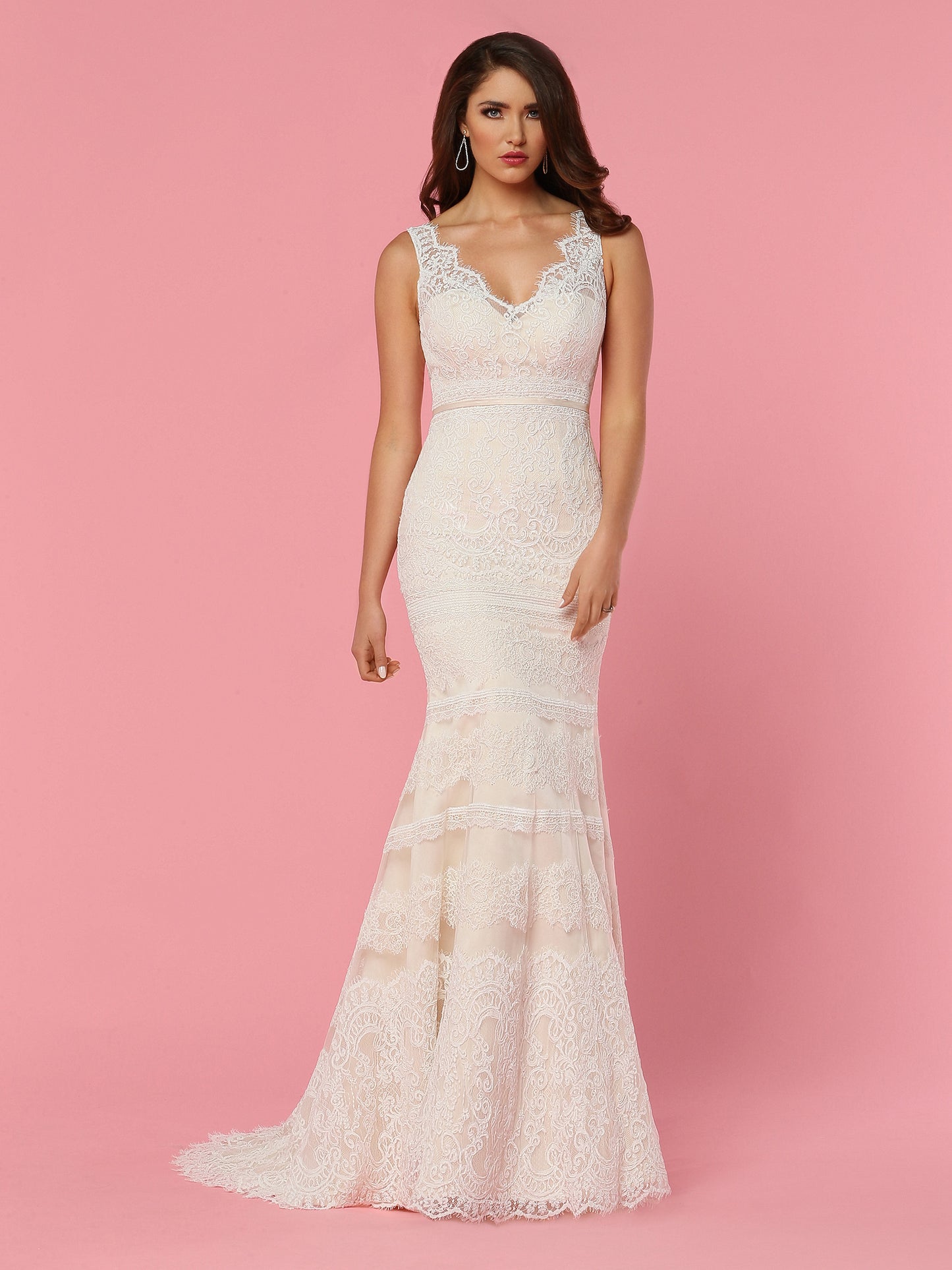 Davinci Bridal 50447 is a long fitted Mermaid Wedding dress. Featuring Allover lace with a sweetheart illusion V Neckline with sheer lace straps and a sheer Open V Back. attached Satin waist belt. Eyelash lace hem and train.  Available for 1-2 Week Delivery!!!  Available Sizes: 2,4,6,8,10,12,14,16,18,20  Available Colors: Ivory/Champagne, Ivory/Ivory
