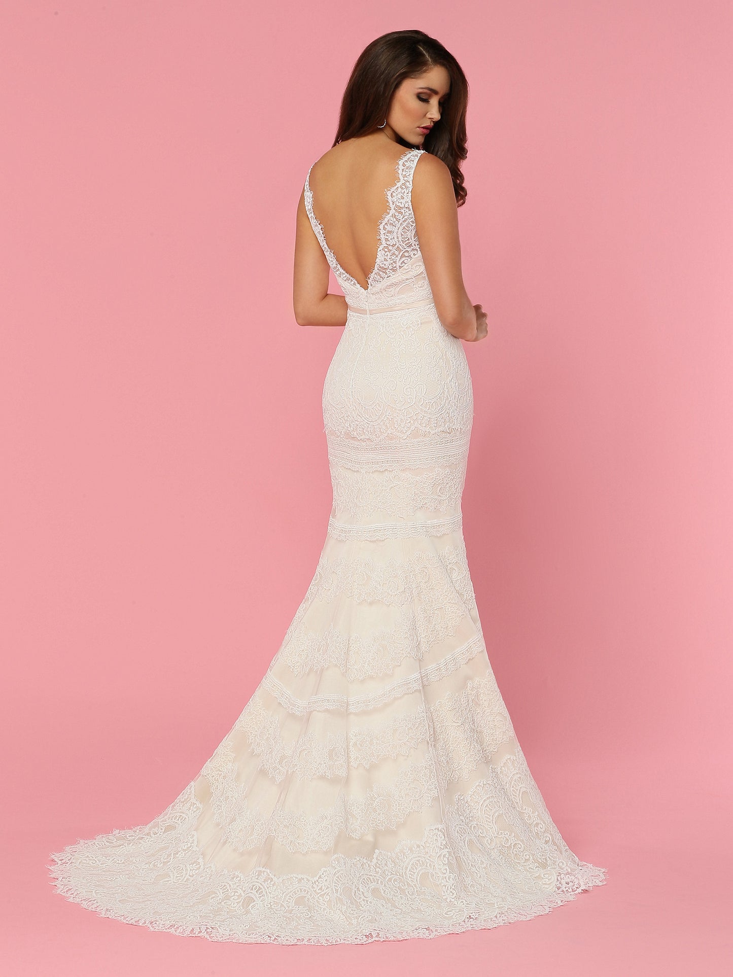 Davinci Bridal 50447 is a long fitted Mermaid Wedding dress. Featuring Allover lace with a sweetheart illusion V Neckline with sheer lace straps and a sheer Open V Back. attached Satin waist belt. Eyelash lace hem and train.  Available for 1-2 Week Delivery!!!  Available Sizes: 2,4,6,8,10,12,14,16,18,20  Available Colors: Ivory/Champagne, Ivory/Ivory