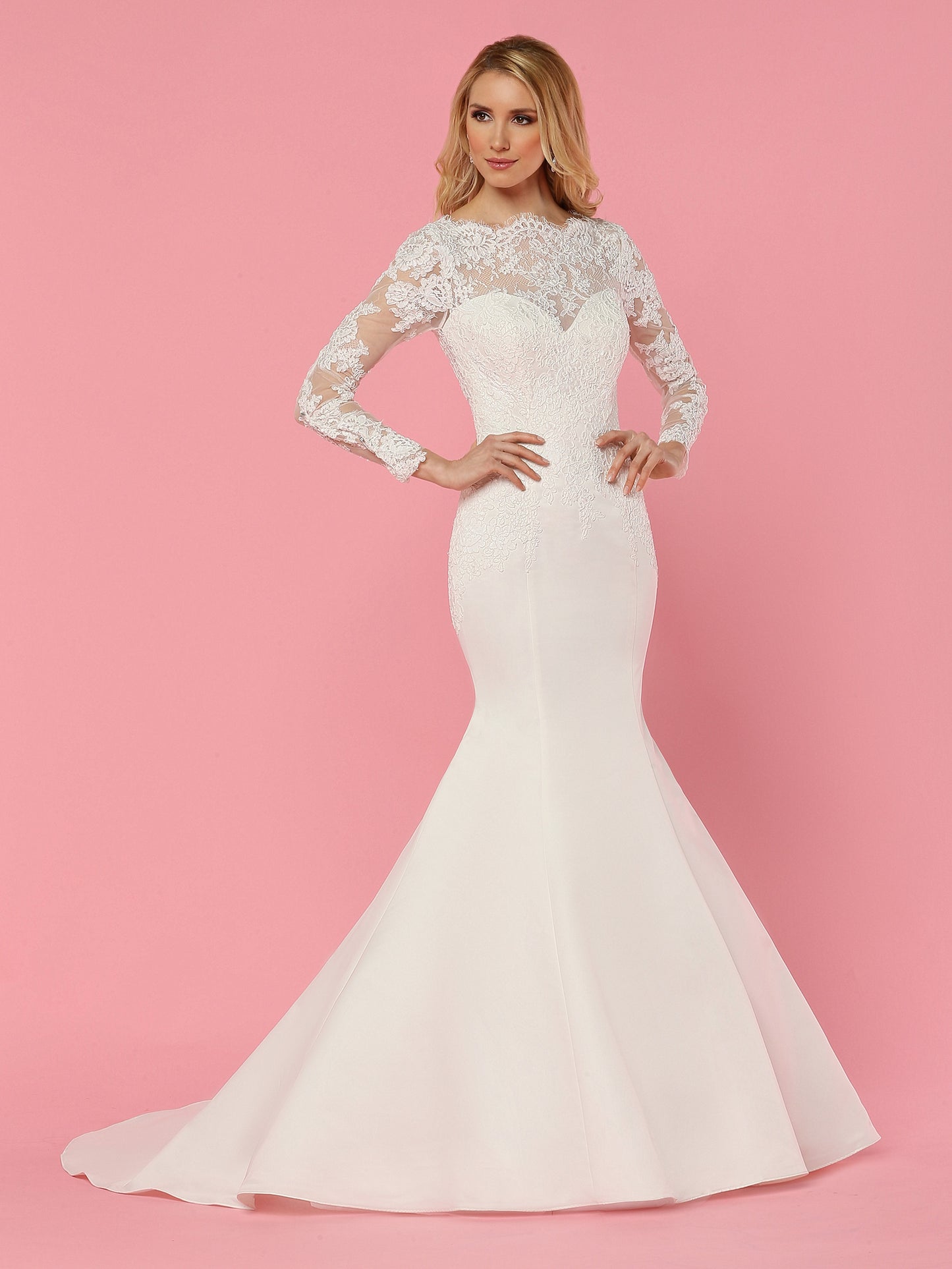 Davinci Bridal 50460 Satin Mermaid Wedding Dress Sheer Lace High Neckline Long sleeve 12 / White Davinci Bridal 50460 Satin Mermaid Wedding Dress Sheer Lace High Neckline Long sleeve 12 / White
