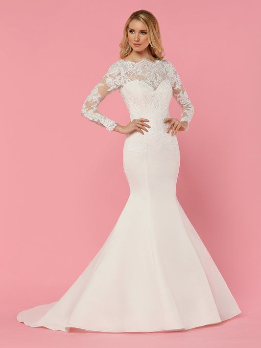 Davinci Bridal 50460 is a long fitted satin mermaid wedding dress. featuring an Illusion Sheer Lace Sweeheart neckline with a high neck design with scallop eyelash lace. Sheer lace long sleeves. Trumpet satin skirt with train.  Available for 1-2 Week Delivery!!!  Available Sizes: 2,4,6,8,10,12,14,16,18,20  Available Colors: Ivory
