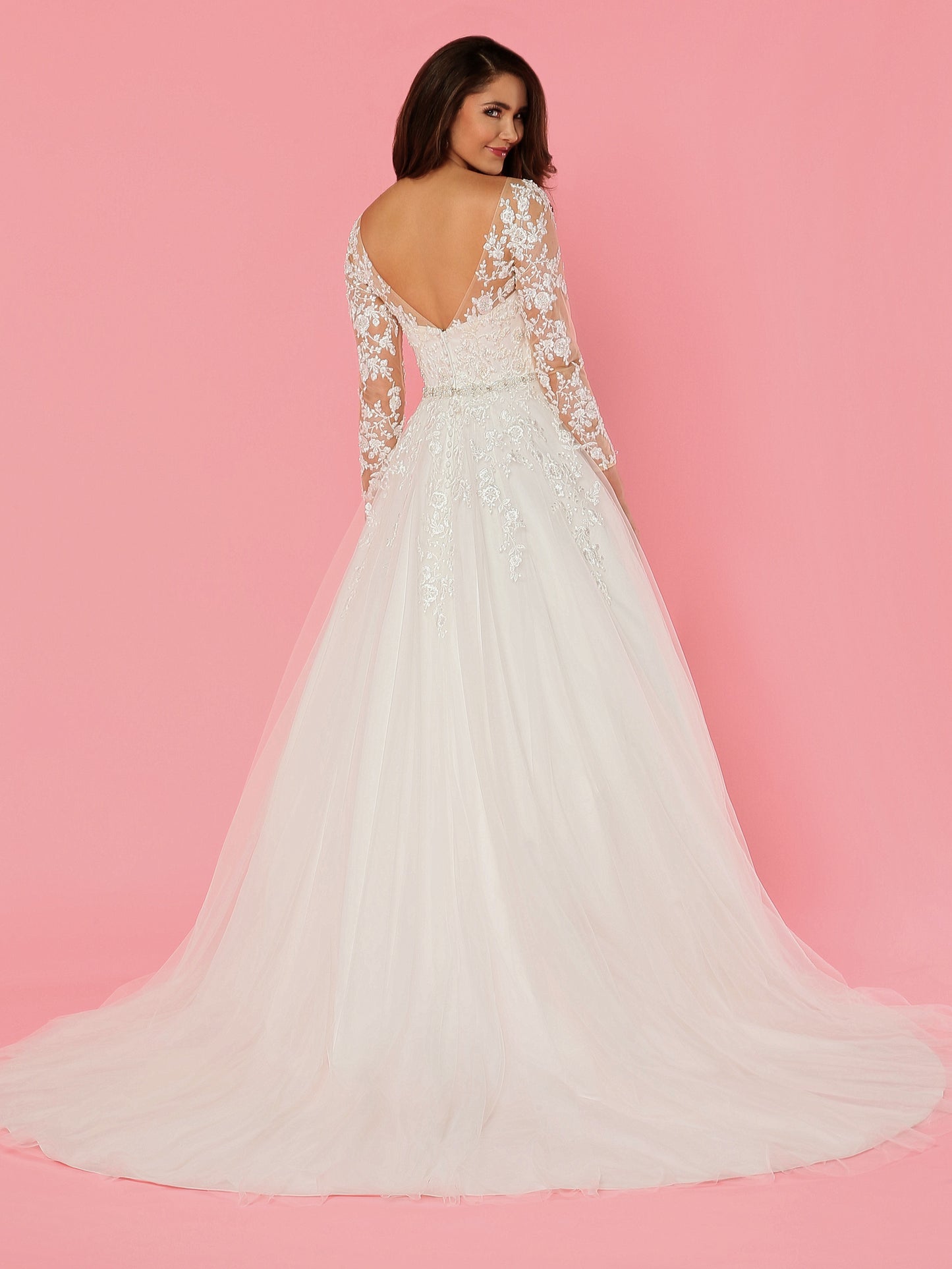 Davinci Bridal 50470 Embellished Lace Tulle Ballgown Wedding Dress Sheer Sleeve Neckline