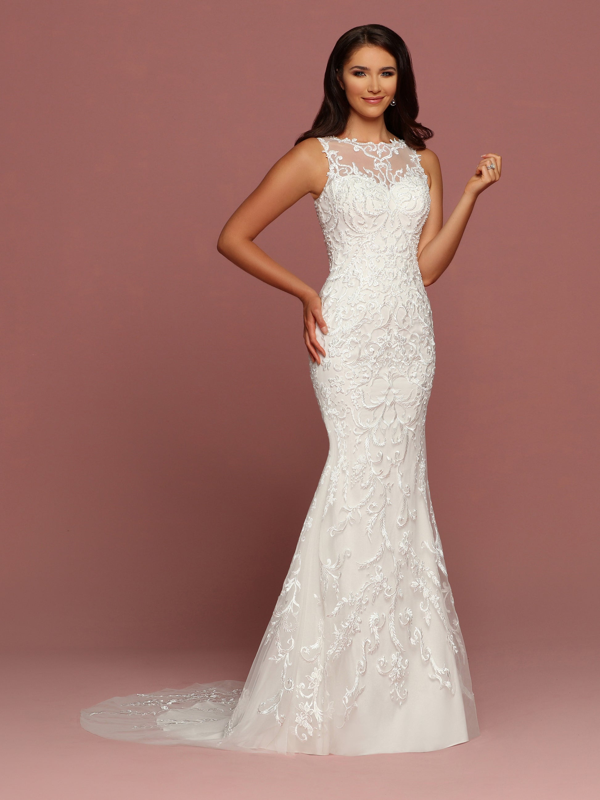 Davinci Bridal 50481 is a fitted mermaid silhouette wedding dress. Featuring a Sheer Lace Illusion high neckline and back with Button Seam. Embellished Embroidered Tulle. Small train flowing from trumpet skirt.  Available for 1-2 Week Delivery!!!  Available Sizes: 2,4,6,8,10,12,14,16,18,20  Available Colors: Ivory  Available Colors: Ivory, Whi