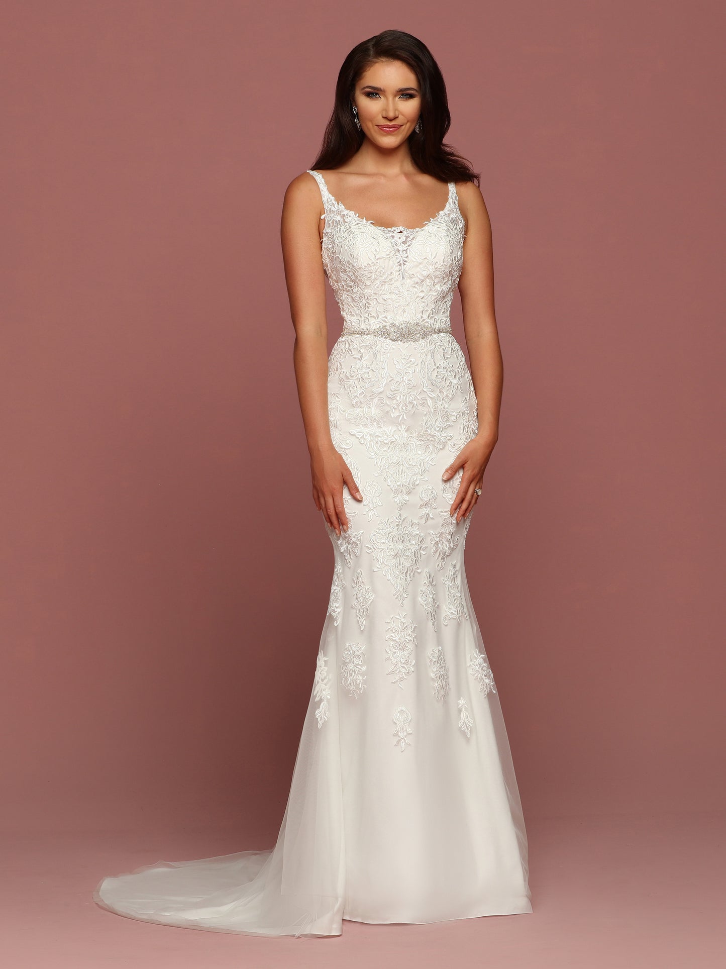 Davinci Bridal 50493 is a ling fitted mermaid silhouette wedding dress. Featuring a sheer lace illusion plunging neckline. Lace embellished straps. Crystal Embellished Bridal waist belt. Lace disperses the further down it cascades.  Available for 1-2 Week Delivery!!!  Available Sizes: 2,4,6,8,10,12,14,16,18,20  Available Colors: Ivory