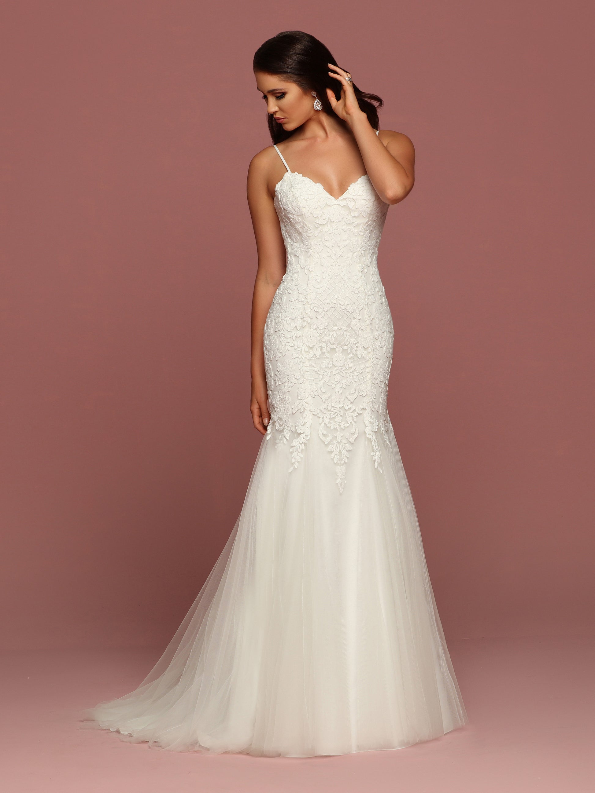 Davinci Bridal 50498 is a Fitted Mermaid Wedding dress. The bodice is adorned with lace that cascades into the tulle trumpet skirt. V Neck with spaghetti straps.  Available for 1-2 Week Delivery!!!  Available Sizes: 2,4,6,8,10,12,14,16,18,20  Available Colors: Ivory