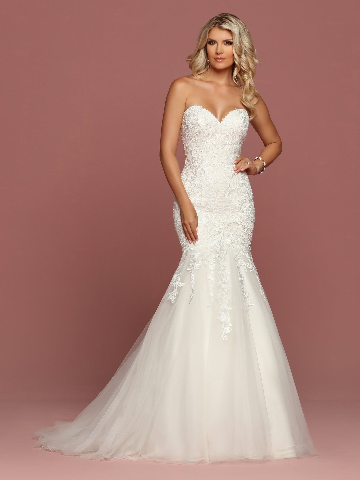 Davinci Bridal 50502  is a long Fit & Flare Mermaid Wedding Dress. Featuring a strapless sweetheart neckline with a bodice covered in delicate lace cascading down into the trumpet tulle skirt with a train in the back.  Available for 1-2 Week Delivery!!!  Available Sizes: 2,4,6,8,10,12,14,16,18,20  Available Colors: Ivory