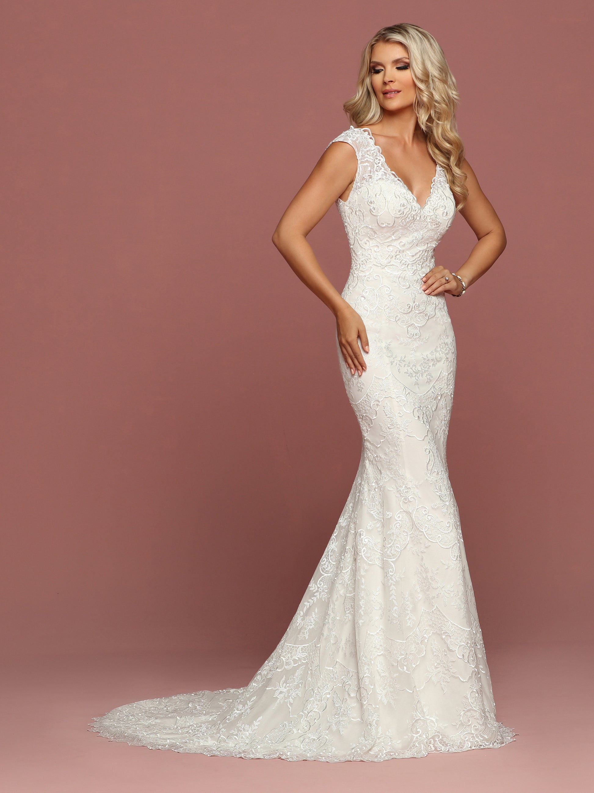 Davinci Bridal 50507 Fit & Flare Lace Mermaid Wedding Dress Sheer Illusion Straps V Neck 20 / White Davinci Bridal 50507 Fit & Flare Lace Mermaid Wedding Dress Sheer Illusion Straps V Neck 20 / White
