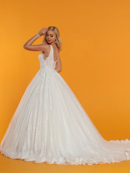 Davinci Bridal 50510 is a Tulle & Lace A Line Ballgown Wedding Dress features a Floral Lace Bodice with V-Neckline, Sheer Lace Wideset Straps, Sheer Lace Back with Covered Buttons & Beaded Waistband. Scalloped Lace Fit & Flare Skirt finishes with a Chapel Train.  Available for 1-2 Week Delivery!!!  Available Sizes: 2,4,6,8,10,12,14,16,18,20
