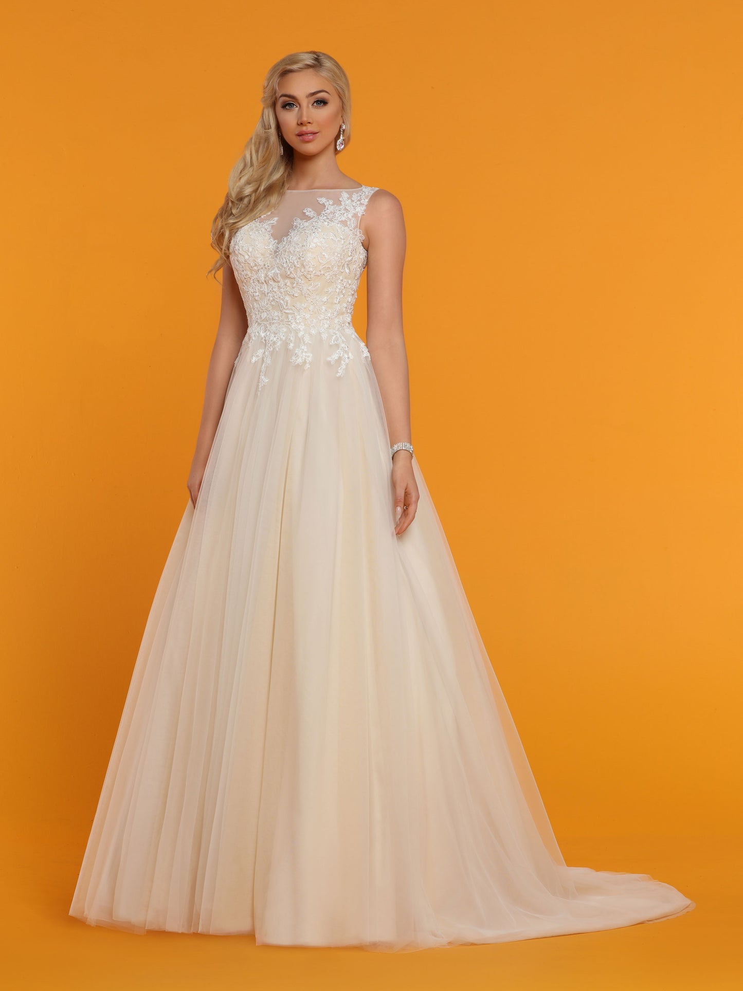 Davinci Bridal 50515 is a Tulle ballgown Wedding Dress. Featuring a sheer illusion lace high neckline and back. Buttons along the back seam. Lace cascades from bodice down into the lush tulle Ballgown skirt.  Available for 1-2 Week Delivery!!!  Available Sizes: 2,4,6,8,10,12,14,16,18,20  Available Colors: Ivory/Nude, Ivory/Ivory