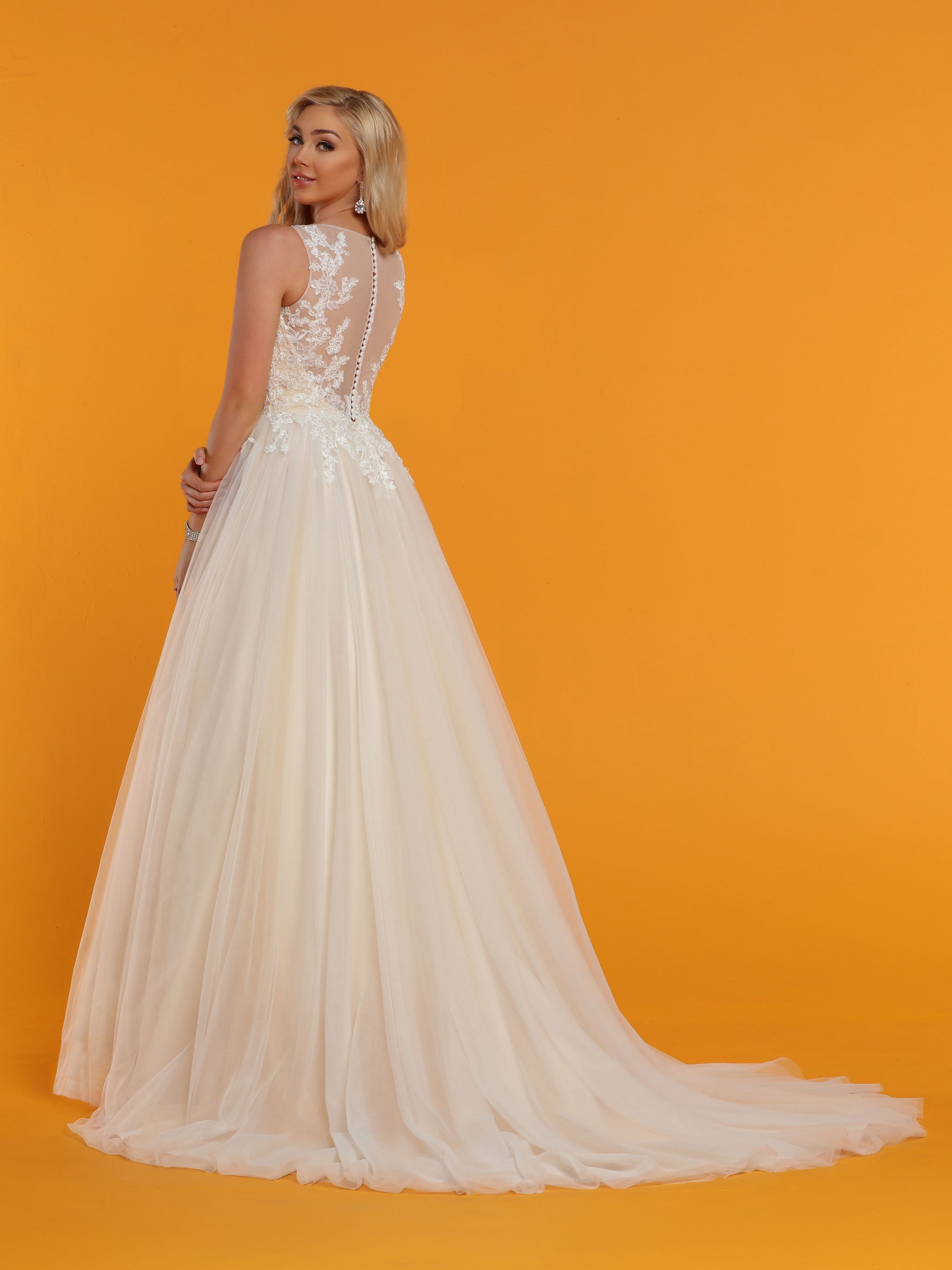 Davinci Bridal 50515 is a Tulle ballgown Wedding Dress. Featuring a sheer illusion lace high neckline and back. Buttons along the back seam. Lace cascades from bodice down into the lush tulle Ballgown skirt.  Available for 1-2 Week Delivery!!!  Available Sizes: 2,4,6,8,10,12,14,16,18,20  Available Colors: Ivory/Nude, Ivory/Ivory
