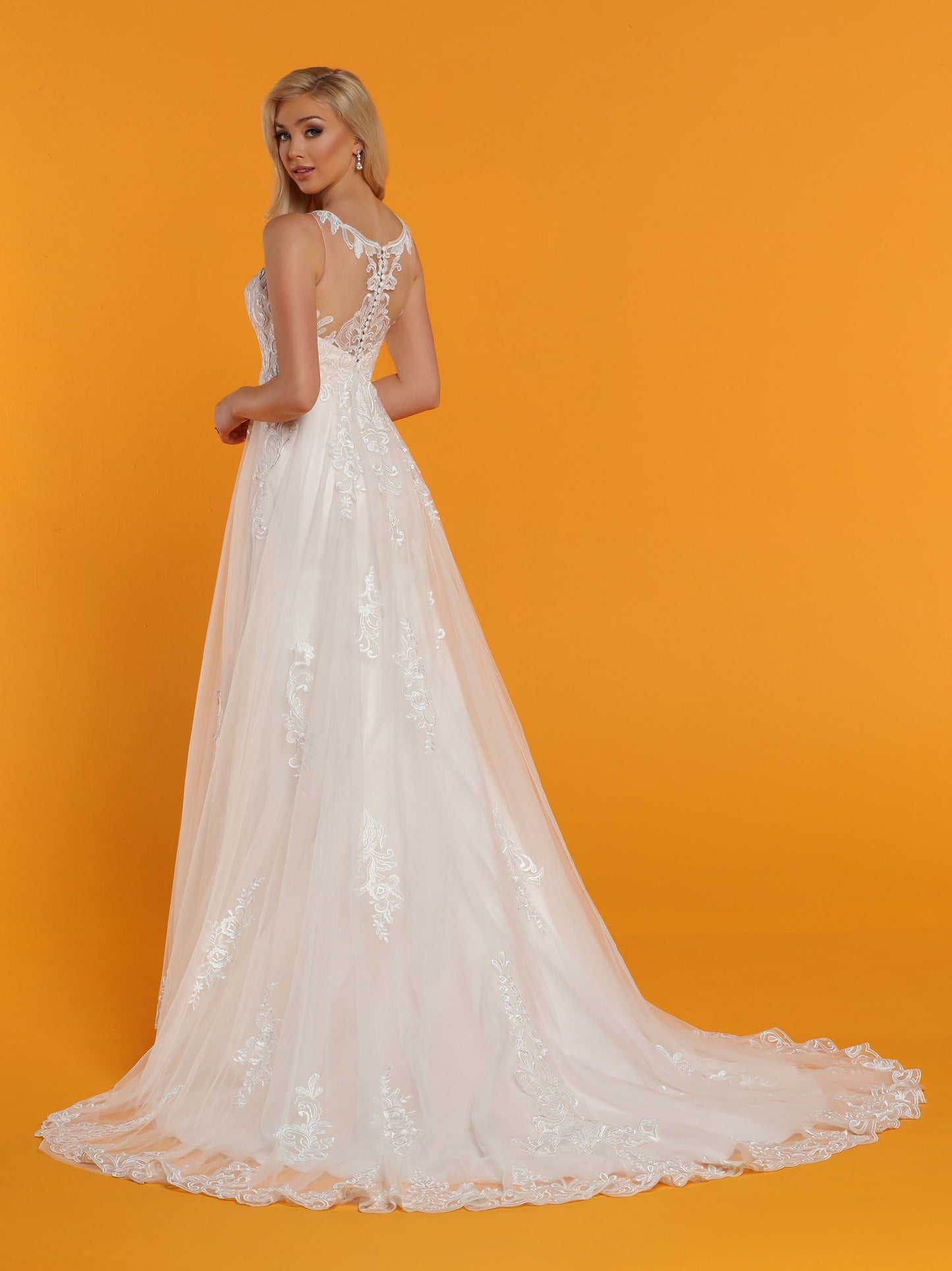 Davinci Bridal 50519 is a Tulle & Lace ballgown wedding dress with a sweetheart neckline with a sheer illusion high neckline with lace accents and sheer illusion lace back with a button lined seam. Lace Bodice Cascading into the full skirt with a lush lace hem & Edges along train.  Available for 1-2 Week Delivery!!!  Available Sizes: 2,4,6,8,10,12,14,16,18,20  Available Colors: Ivory/Blush, Ivory/Ivory