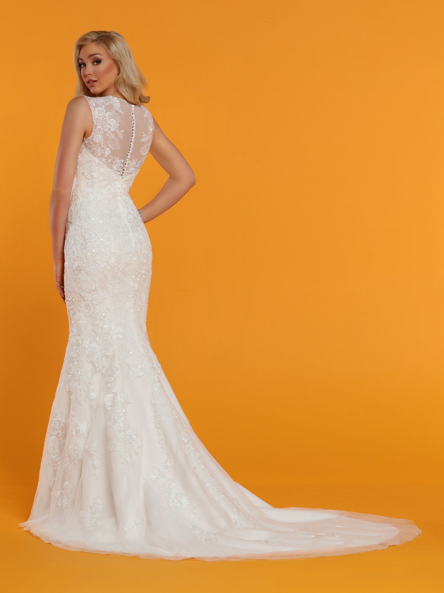 Davinci Bridal 50523 is a Long Fitted Fit & Flare Mermaid Embellished Wedding Dress. Featuring sheer lace embellished straps and back with button lined closure. Sequins scattered throughout the entire gown for a magical look.  Available for 1-2 Week Delivery!!!  Available Sizes: 2,4,6,8,10,12,14,16,18,20