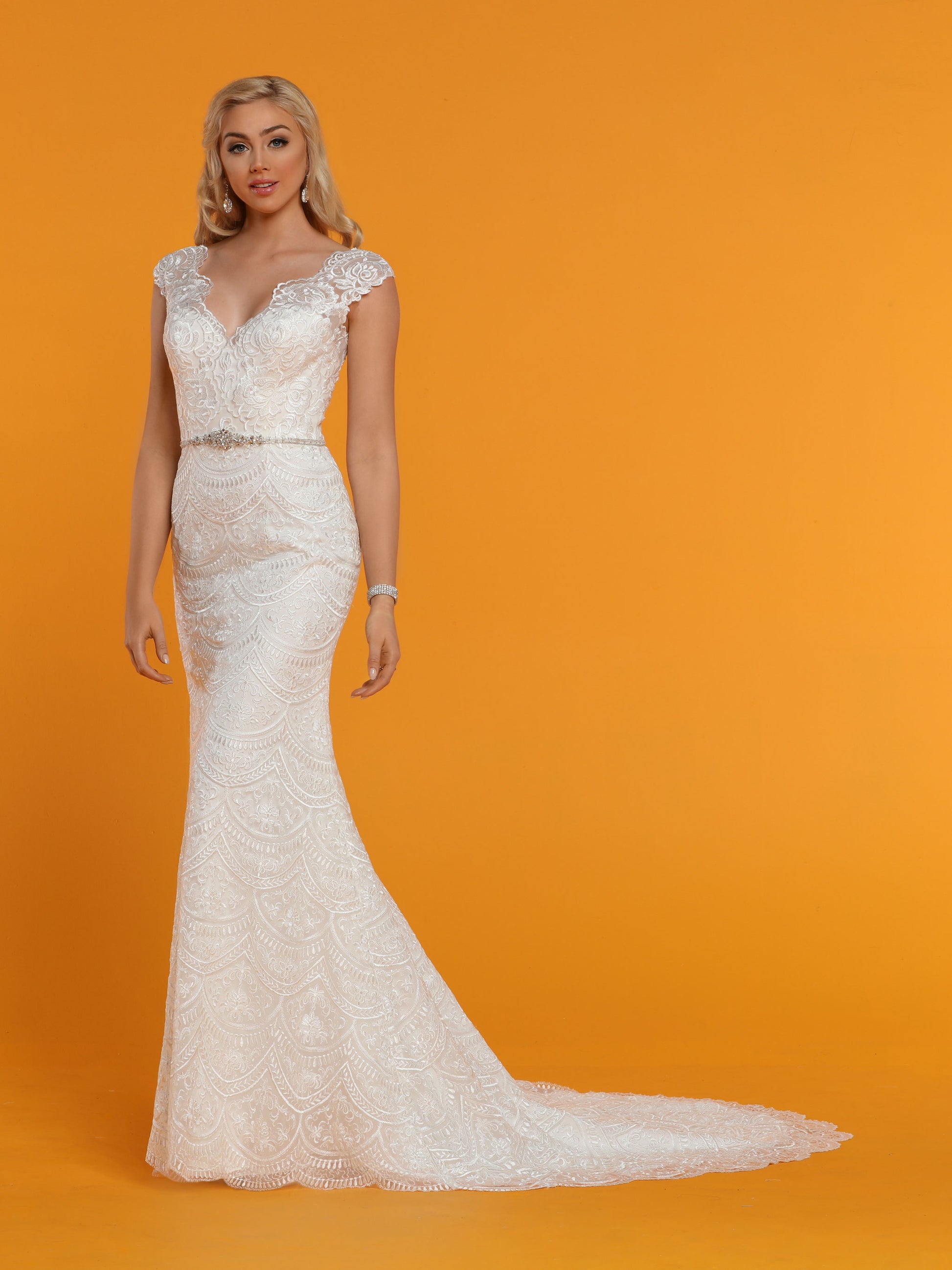 fit and flare wedding dress vs mermaid Davinci Bridal 50540 Fitted V Neck Fit & Flare Mermaid Lace Wedding Dress Sheer Back 6 / White