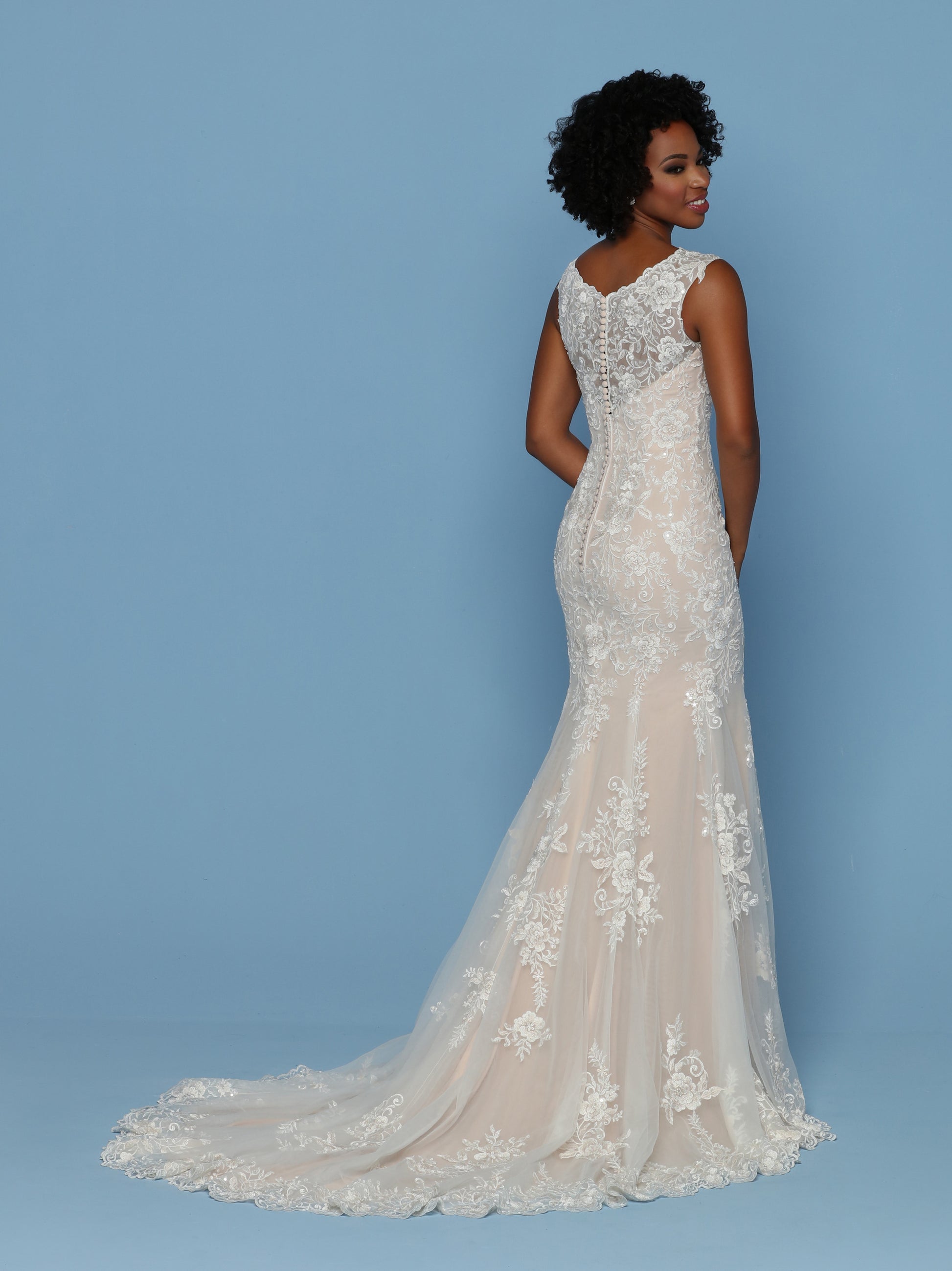Davinci Bridal 50542 Lace Tulle V Neck Mermaid Fit & Flare Wedding Dress Beaded 2 / White/Rose