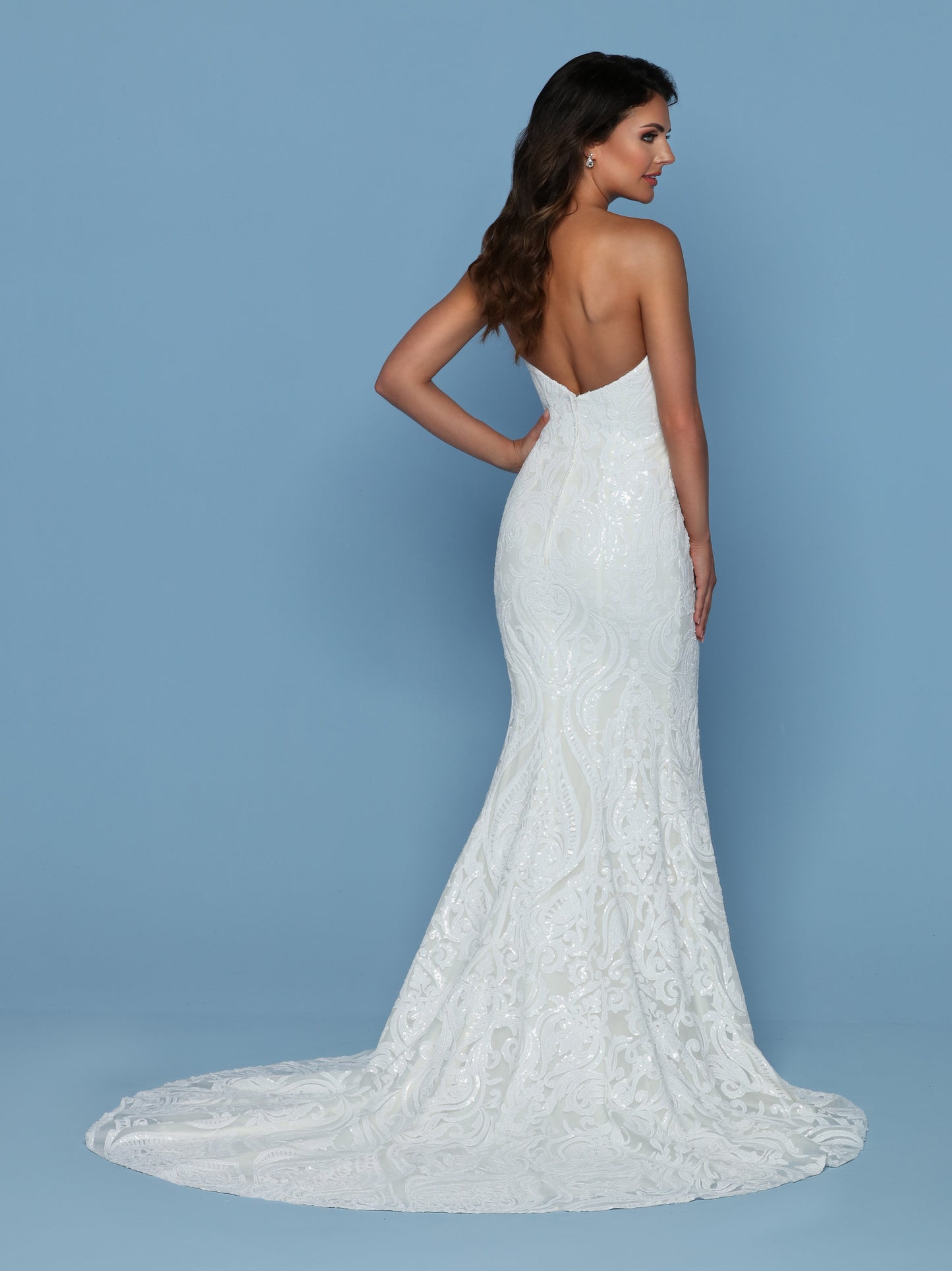 Davinci Bridal 50543 Fitted Sequin Lace Embellished Wedding Dress Strapless Sweetheart neckline fit & Flare Train Glass Slipper Formals Shimmer Glitz