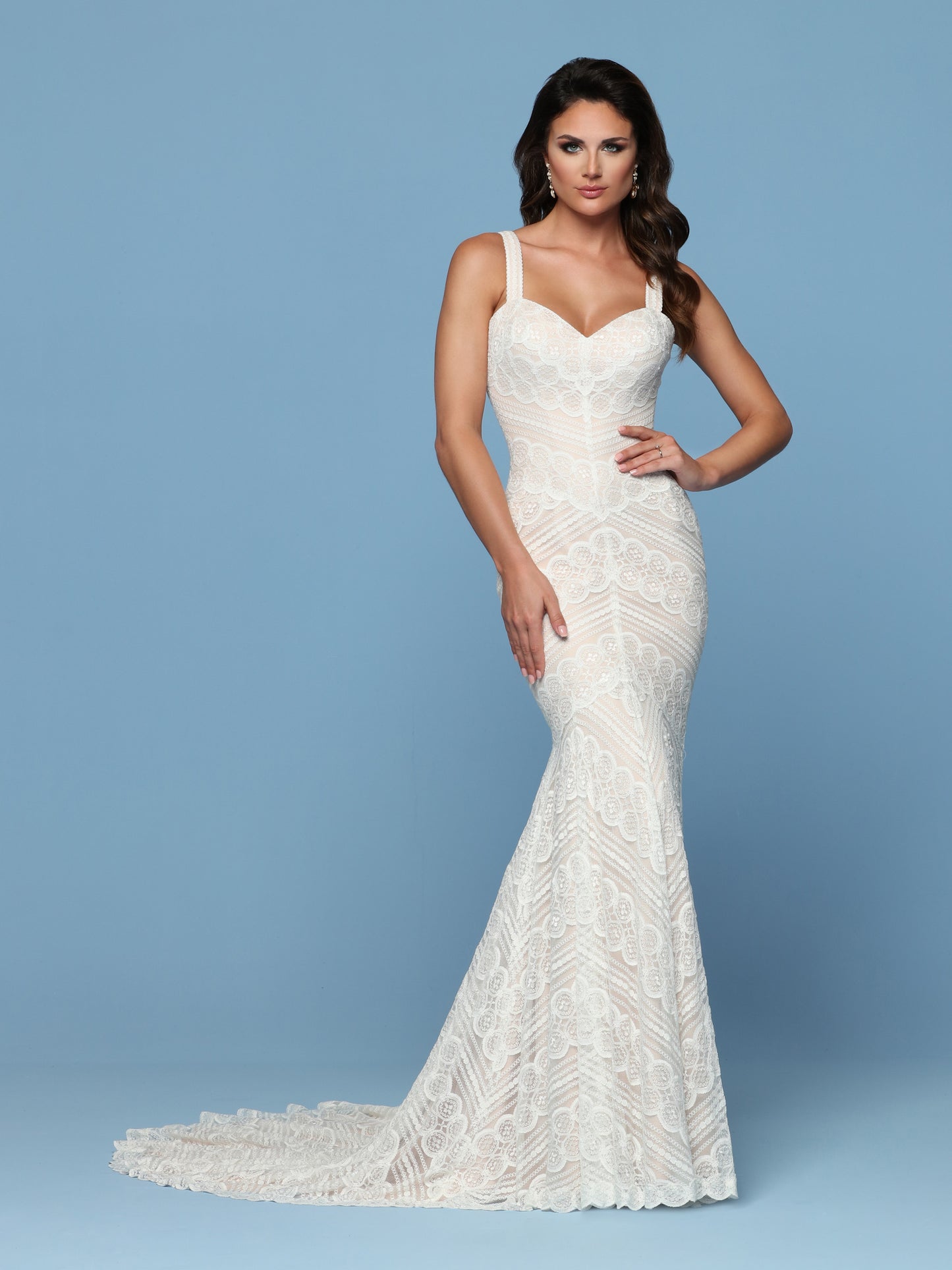 Davinci Bridal 50551 is a Beautiful Long Fitted All over Lace Wedding Dress with a Fitted Mermaid Silhouette. Sweetheart neckline with lace straps. Asymmetrical lace patterns give a sexy & Slimming affect. Train in the back  Available for 1-2 Week Delivery!!!  Available Sizes: 2,4,6,8,10,12,14,16,18,20  Available Colors: Ivory/Ivory, Ivory/Rose