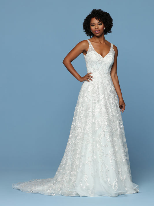Davinci Bridal 50554 is an all over Embroidered Lace A Line Wedding Dress. This Ball gown features a V Neckline with sheer embroidered lace straps leading to an open V Back.  Available for 1-2 Week Delivery!!!  Available Sizes: 2,4,6,8,10,12,14,16,18,20  Available Colors: Ivory