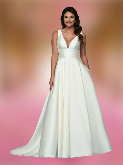 Davinci Bridal 50561 is a Full A Line Mikado Ball Gown Wedding Dress. Featuring a Full Skirt with Pockets! Luxurious V Neckline with a wide waistband, Open V Back, Gown Features a Full line of buttons down the entire back length of this dress into the train.  Available for 1-2 Week Delivery!!!  Available Sizes: 2,4,6,8,10,12,14,16,18,20  Available Colors: Ivory