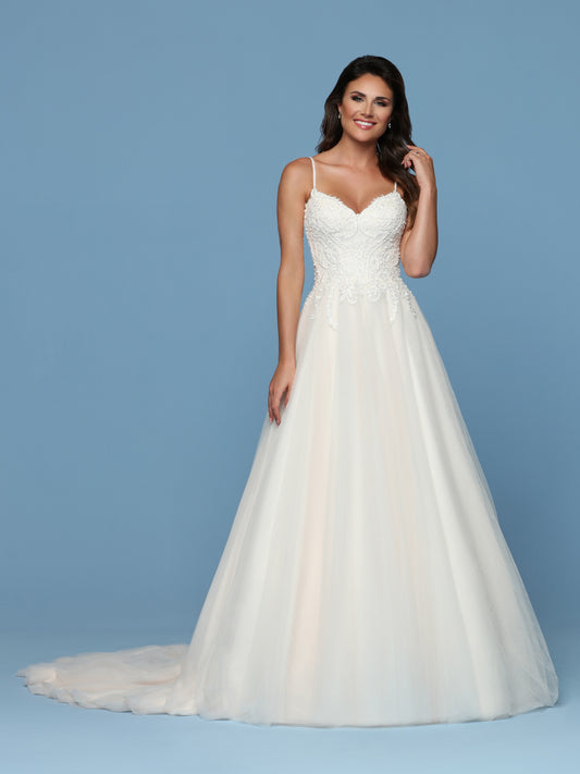 Davinci Bridal 50569 Features a Beaded Lace Bodice with Embellished Spaghetti Straps and lace cascading from the bodice into the tulle A Line Skirt. Train flowing from the back.  Available for 1-2 Week Delivery!!!  Available Sizes: 2,4,6,8,10,12,14,16,18,20  Available Colors: Ivory/Ivory, Ivory/Blush