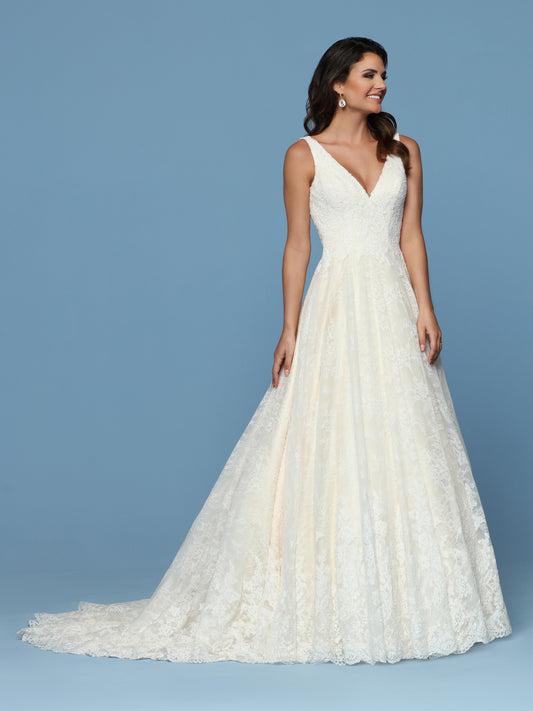 Davinci Bridal 50570 is an All over Lace A Line Ballgown Wedding Dress. Featuring a V Neckline with straps leading to an open back with a long line corset lace up closer. Full lace edged train in the back of the full skirt.  Available for 1-2 Week Delivery!!!  Available Sizes: 2,4,6,8,10,12,14,16,18,20  Available Colors: Ivory/Champagne, Ivory/Ivory