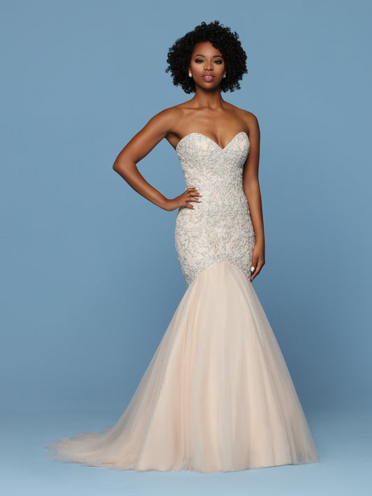Davinci Bridal 50573 Two-Tone Beaded Embroidery & Tulle Mermaid Wedding Dress features a Fitted Beaded Bodice with Strapless Sweetheart Neckline, Open Back & Corset. Full Gathered Tulle Mermaid Skirt finishes with a Chapel Train.  Available for 1-2 Week Delivery!!!  Available Sizes: 2,4,6,8,10,12,14,16,18,20  Available Colors: Blush/Silver, Ivory/Silver  Fabric: Beaded Embroidery, Tulle  Neckline: Strapless, Sweetheart  Silhouette: Fit And Flare, Mermaid, Sheath  Details: Back Interest, Beading, Chapel Trai