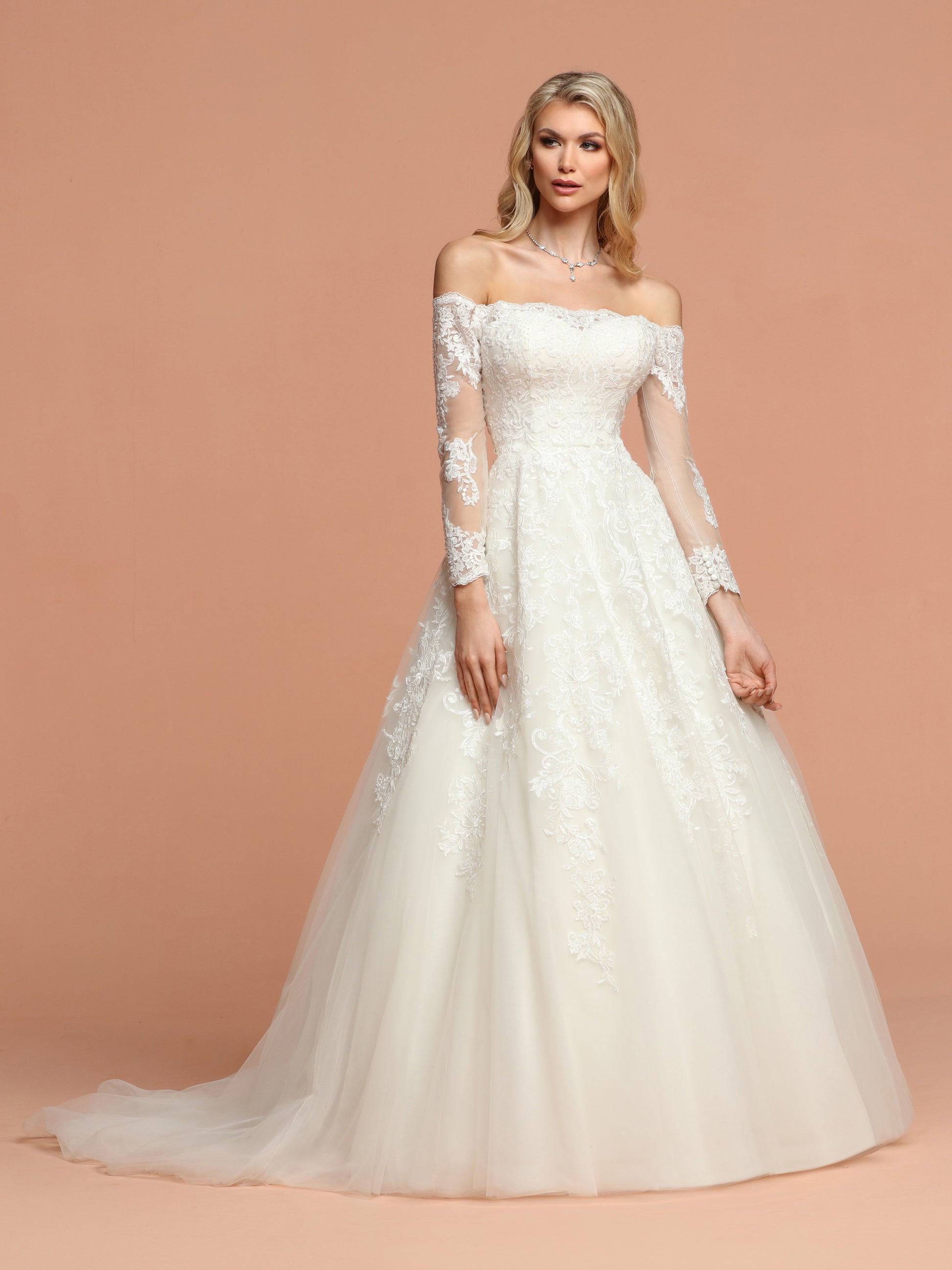 Davinci Bridal 50577 Lace Tulle Ballgown Wedding Dress Lace Sleeves Off the Shoulder 2 / White Davinci Bridal 50577 Lace Tulle Ballgown Wedding Dress Lace Sleeves Off the Shoulder 2 / White