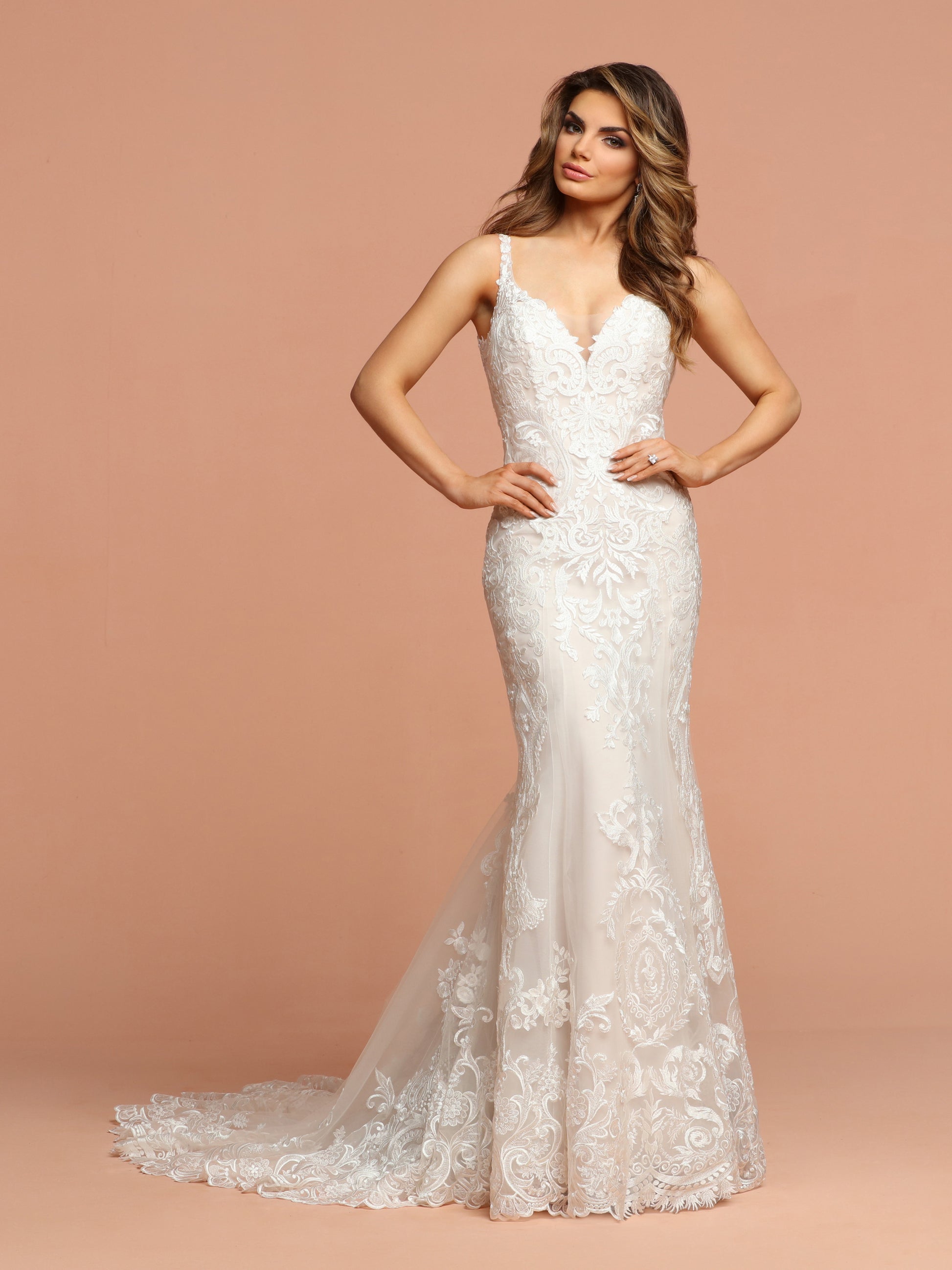 Davinci Bridal 50578 Lace Mermaid V Neck Wedding Dress Sheer Tulle