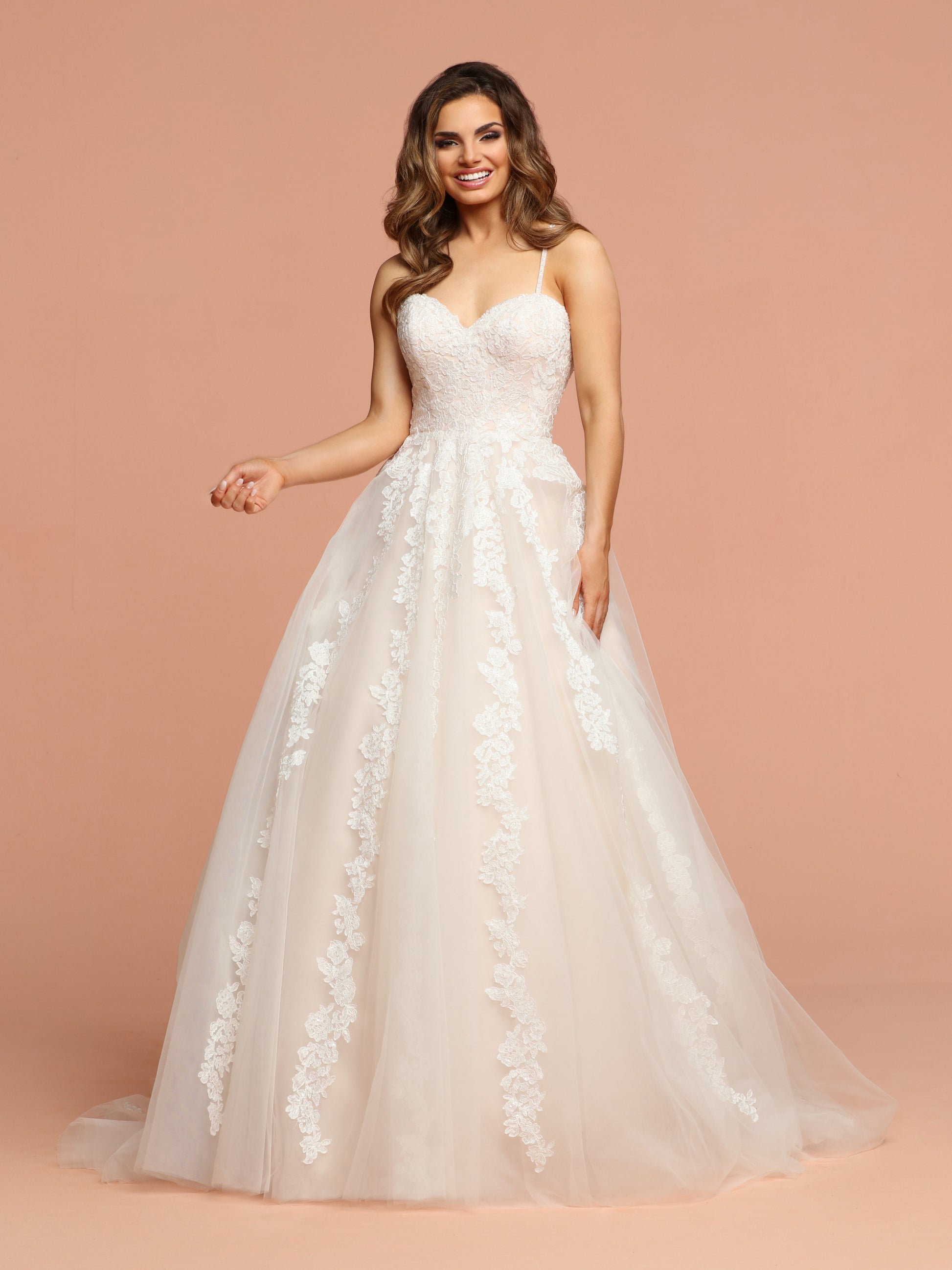Davinci Bridal 50583 is a Full tulle Ballgown Wedding Dress with a train. Featuring a Strapless sweetheart lace bodice with lace cascading down into the skirt. Open Back with cross cross straps.  Available for 1-2 Week Delivery!!!  Available Sizes: 2,4,6,8,10,12,14,16,18,20  Available Colors: Ivory/Blush, Ivory/Ivory