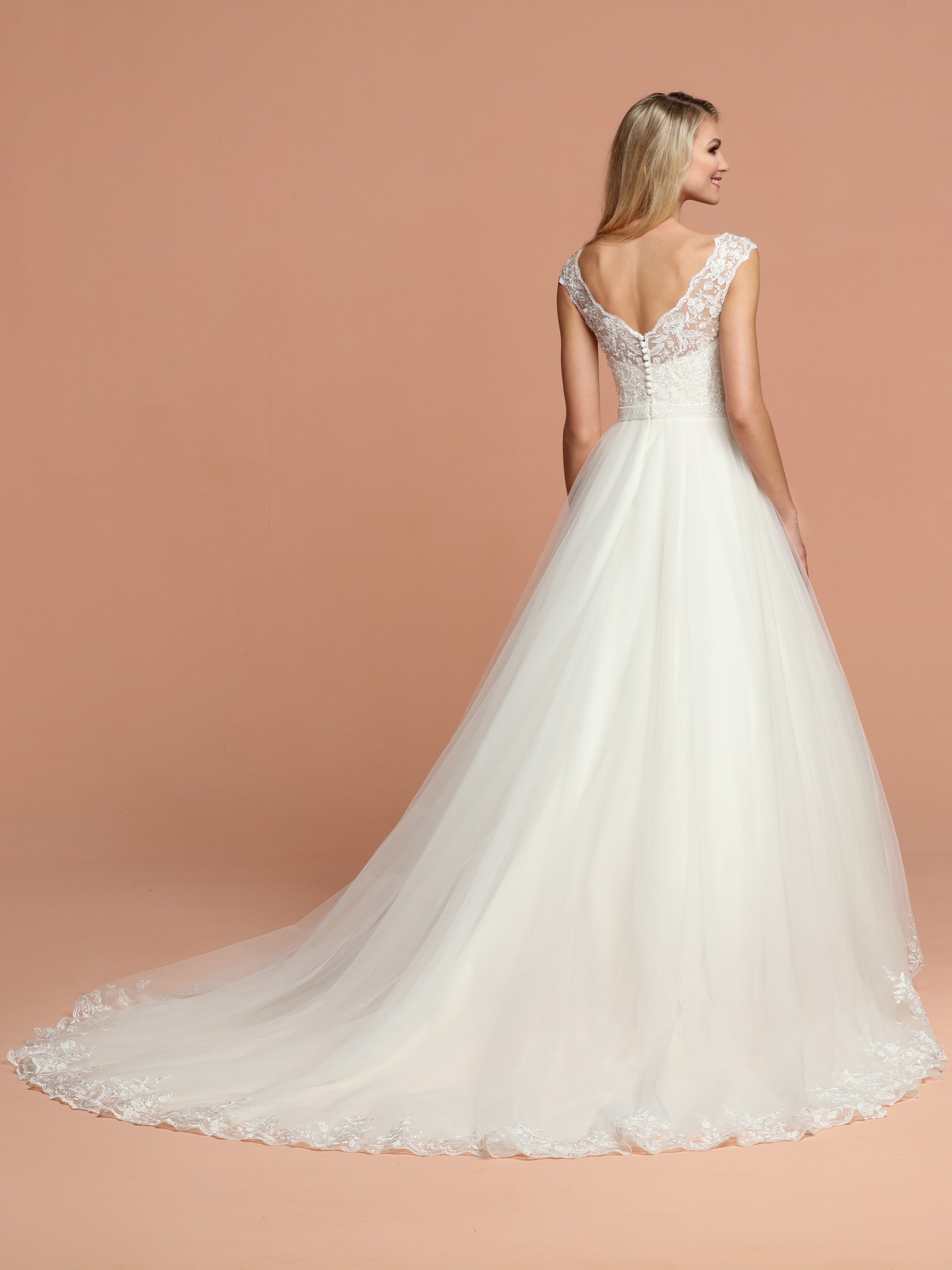 Davinci Bridal 50584 is a Full Tulle Ballgown Wedding Dress with a train. Beautiful Bodice features a sweetheart neckline with a lace illusion v neck and open v back. Embellished attached Waist Belt.  Available for 1-2 Week Delivery!!!  Available Sizes: 2,4,6,8,10,12,14,16,18,20  Available Colors: Ivory  Available Colors: Ivory, Whit