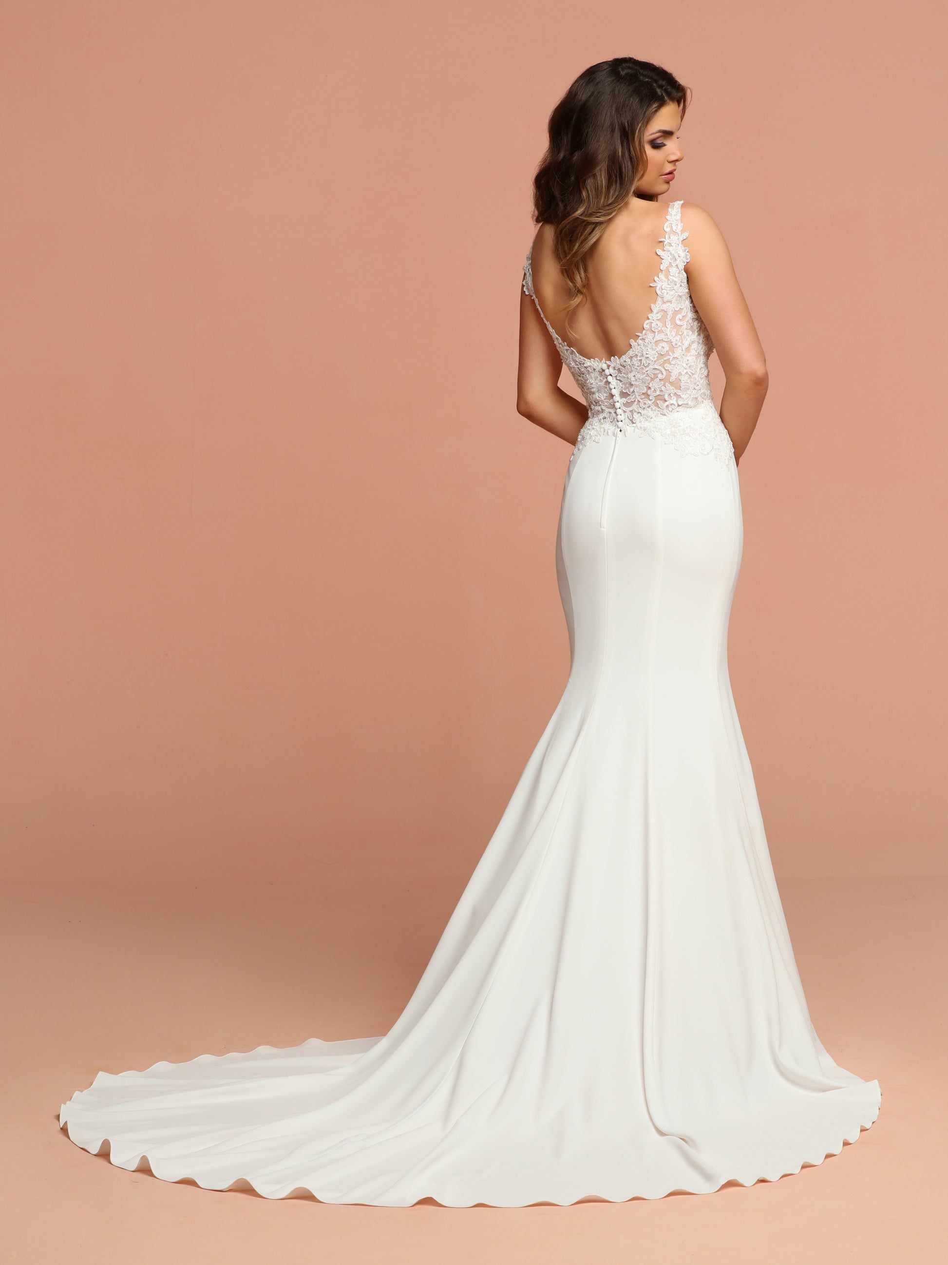 Davinci Bridal 50592 is a long Fitted Crepe & Lace Mermaid Wedding Dress. Featuring a Sheer tulle & Lace bodice with a V neck and open back. The Fit & Flare skirt is crepe with a full bottom and stunning train.   Available for 1-2 Week Delivery!!!  Available Sizes: 2,4,6,8,10,12,14,16,18,20  Available Colors: Ivory/Nude, Ivory/Ivory